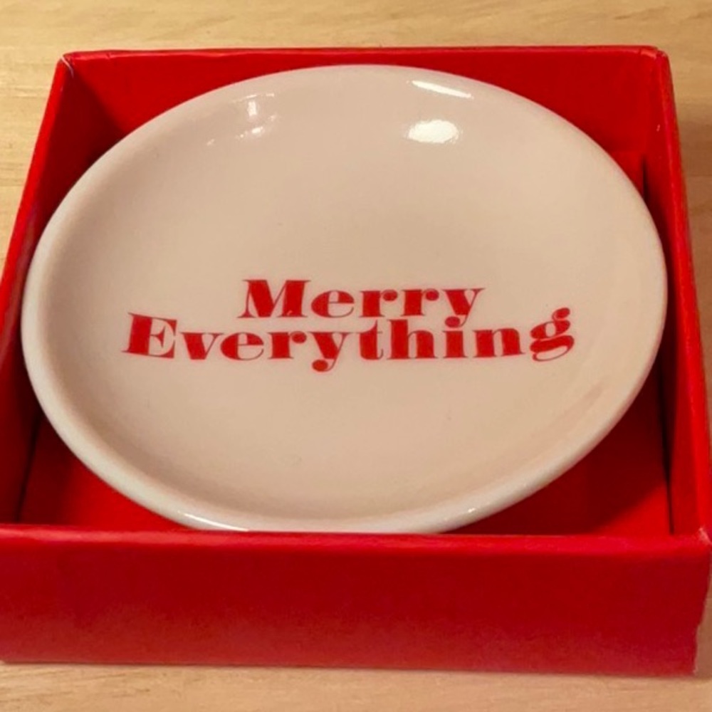 “Merry Everything” decorative trinket tray in gift box-red letters on pale pink